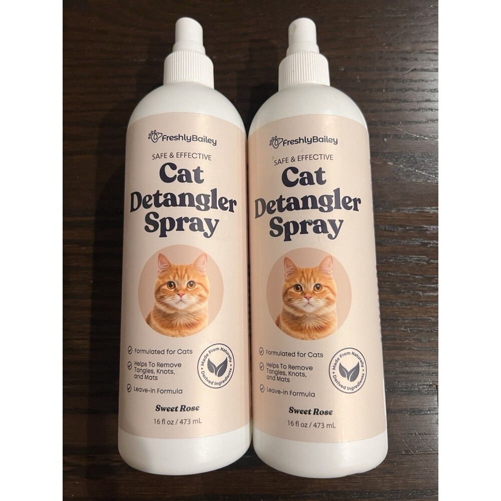 2 Bottles Freshly Bailey Cat Detangler Spray Natural Leave-In Conditioner 16Oz